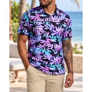 Born Primitive Men's Tek Polo Tropical Palm Print Performance Active Shirt Large